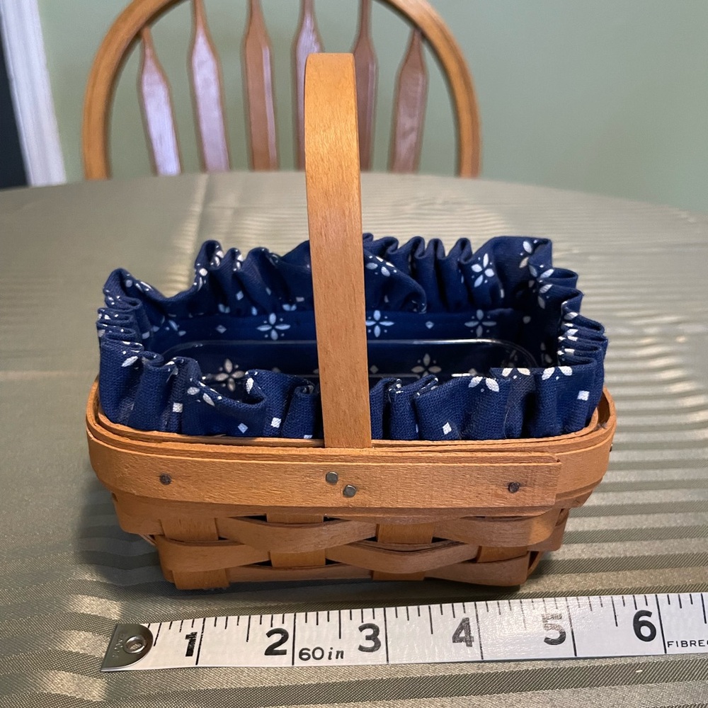 Longaberger Wooden Basket with Navy Blue Fabric Liner and Plastic Liner